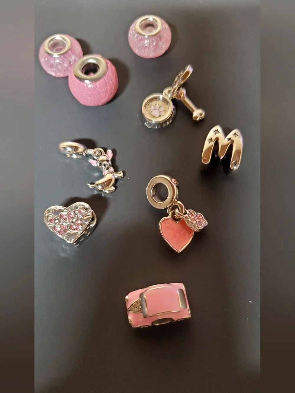 Lot of 9 Brand New Pink & Silver Tone European Charm Bead Dangles & Spacers
